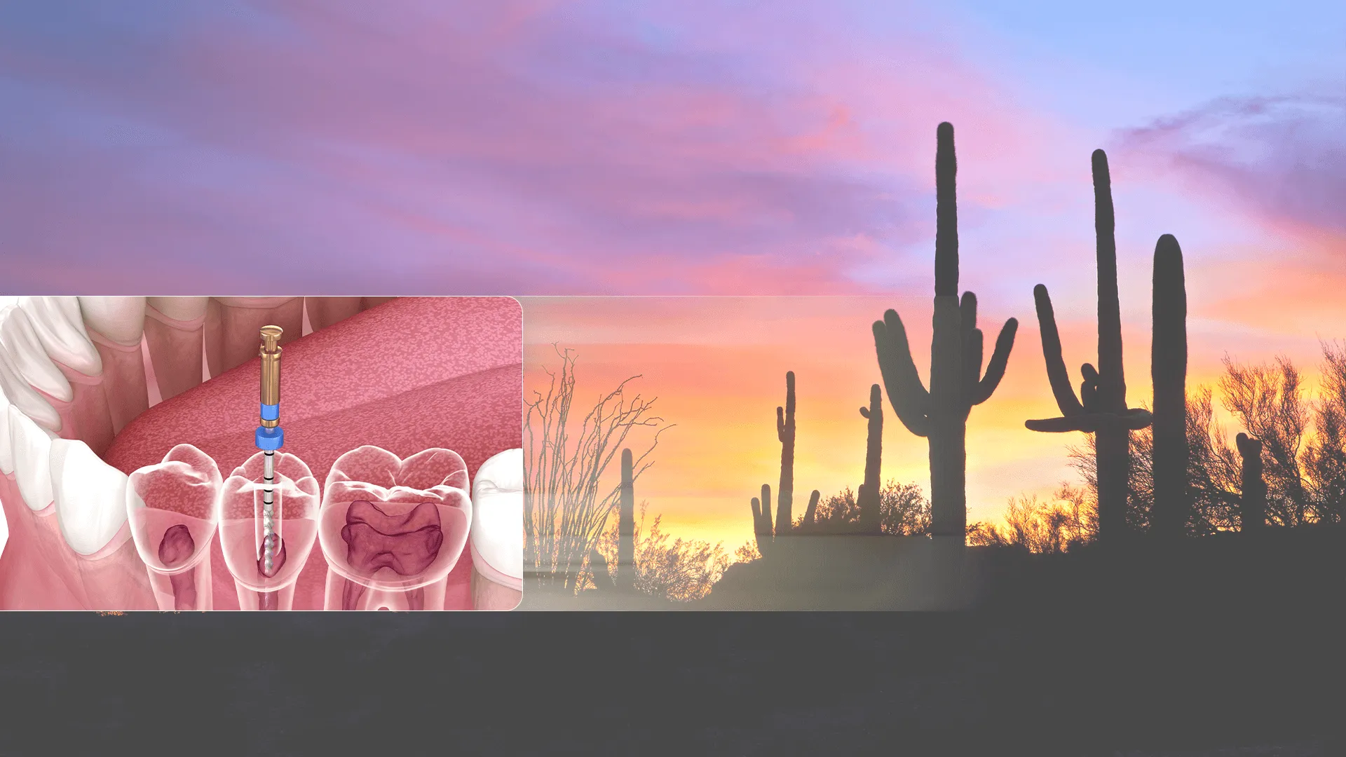 Image of sunset background plus photo of patient at dentist