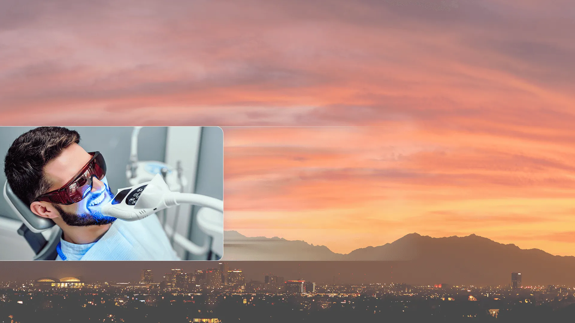 Image of sunset background plus photo of patient at dentist