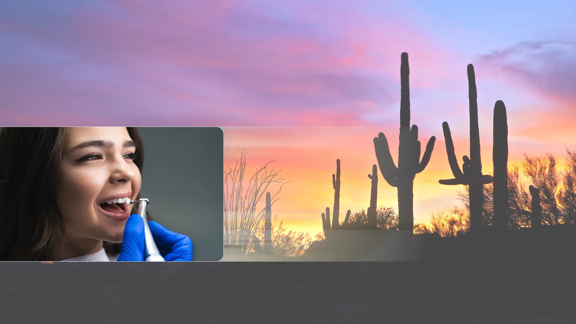 Image of sunset background plus photo of patient at dentist