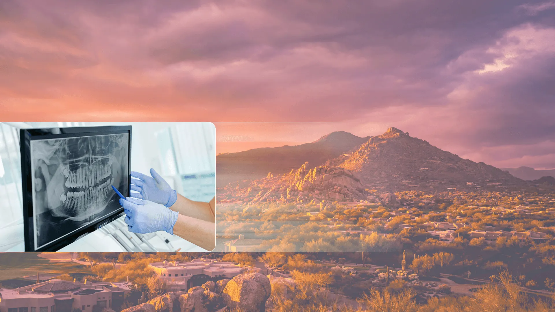 Image of sunset background plus photo of patient at dentist