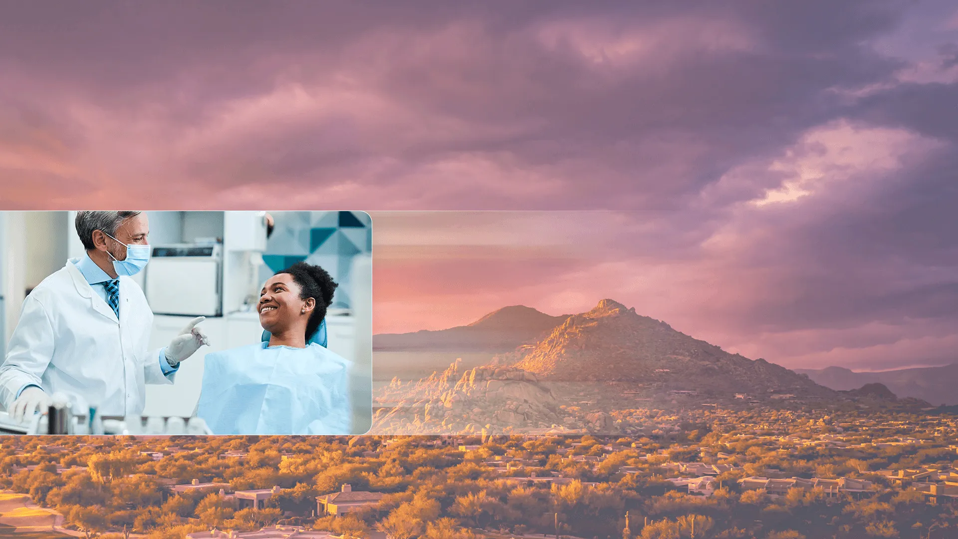 Image of sunset background plus photo of patient at dentist