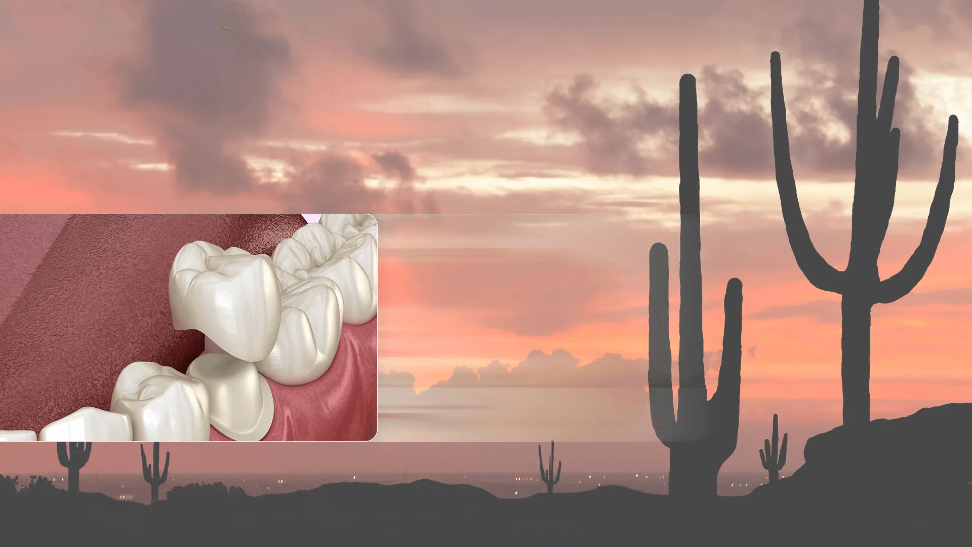 Image of sunset background plus photo of patient at dentist