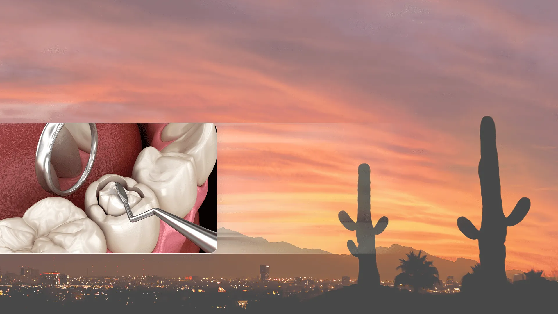 Image of sunset background plus photo of patient at dentist