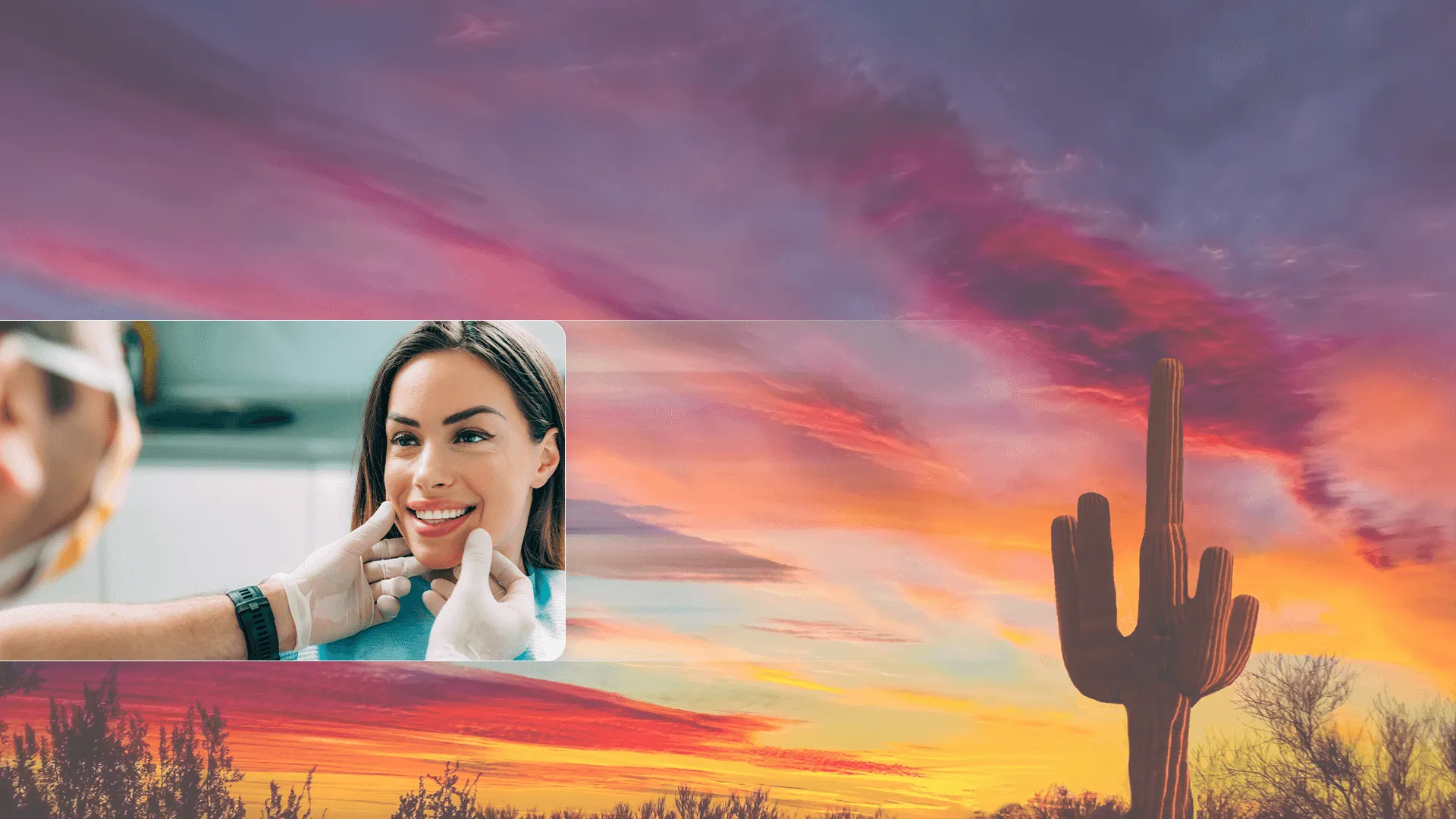 Image of sunset background plus photo of patient at dentist