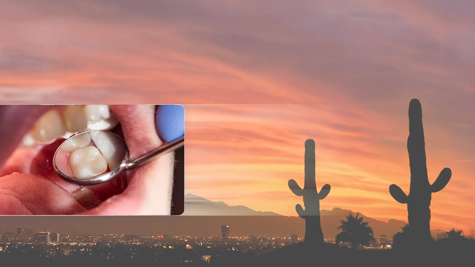 Image of sunset background plus photo of patient at dentist