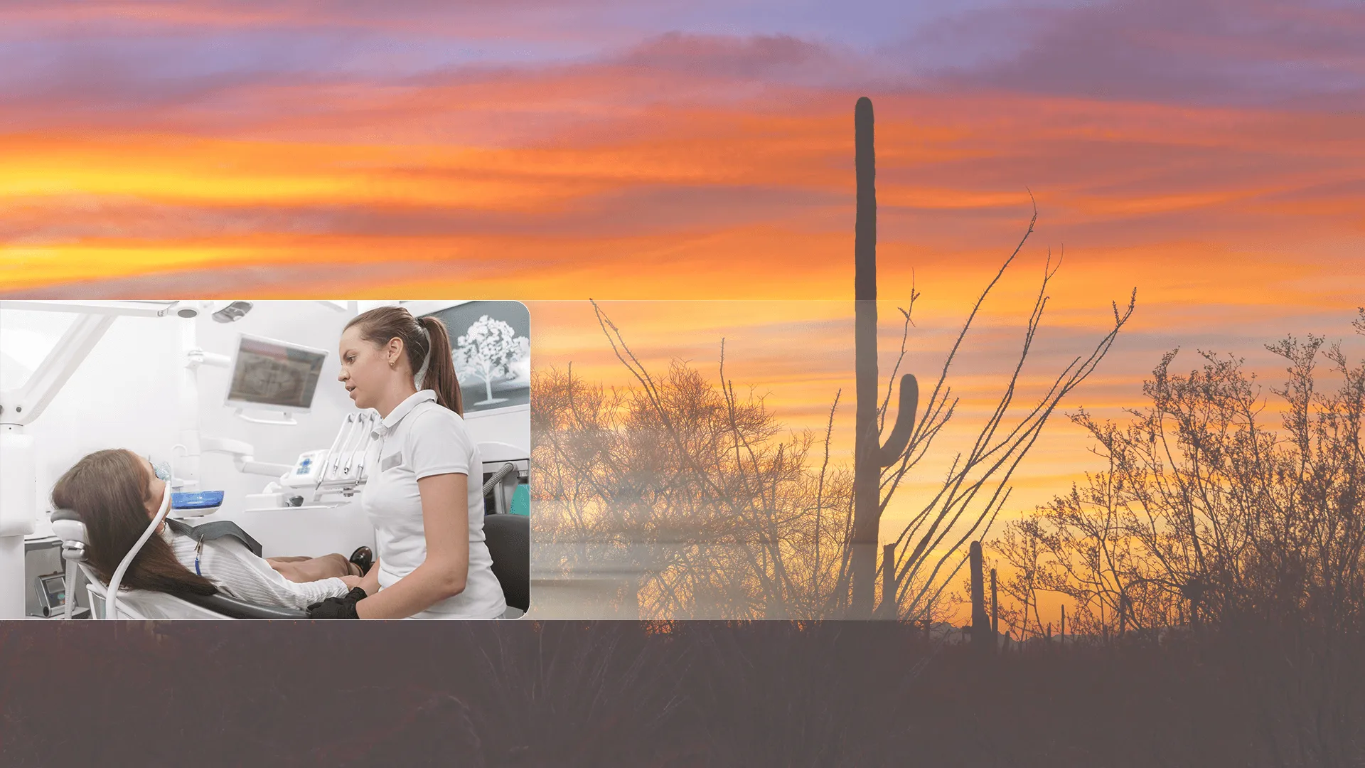 Image of sunset background plus photo of patient at dentist