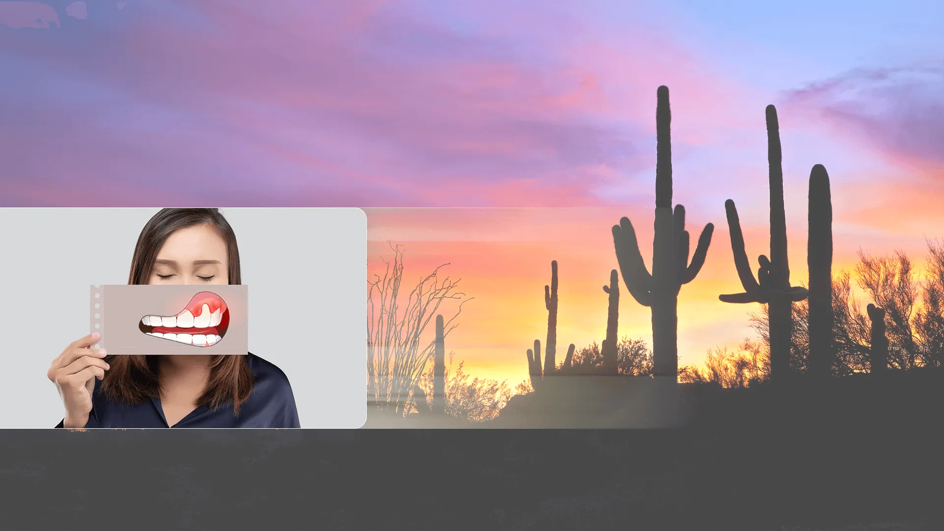 Image of sunset background plus photo of patient at dentist