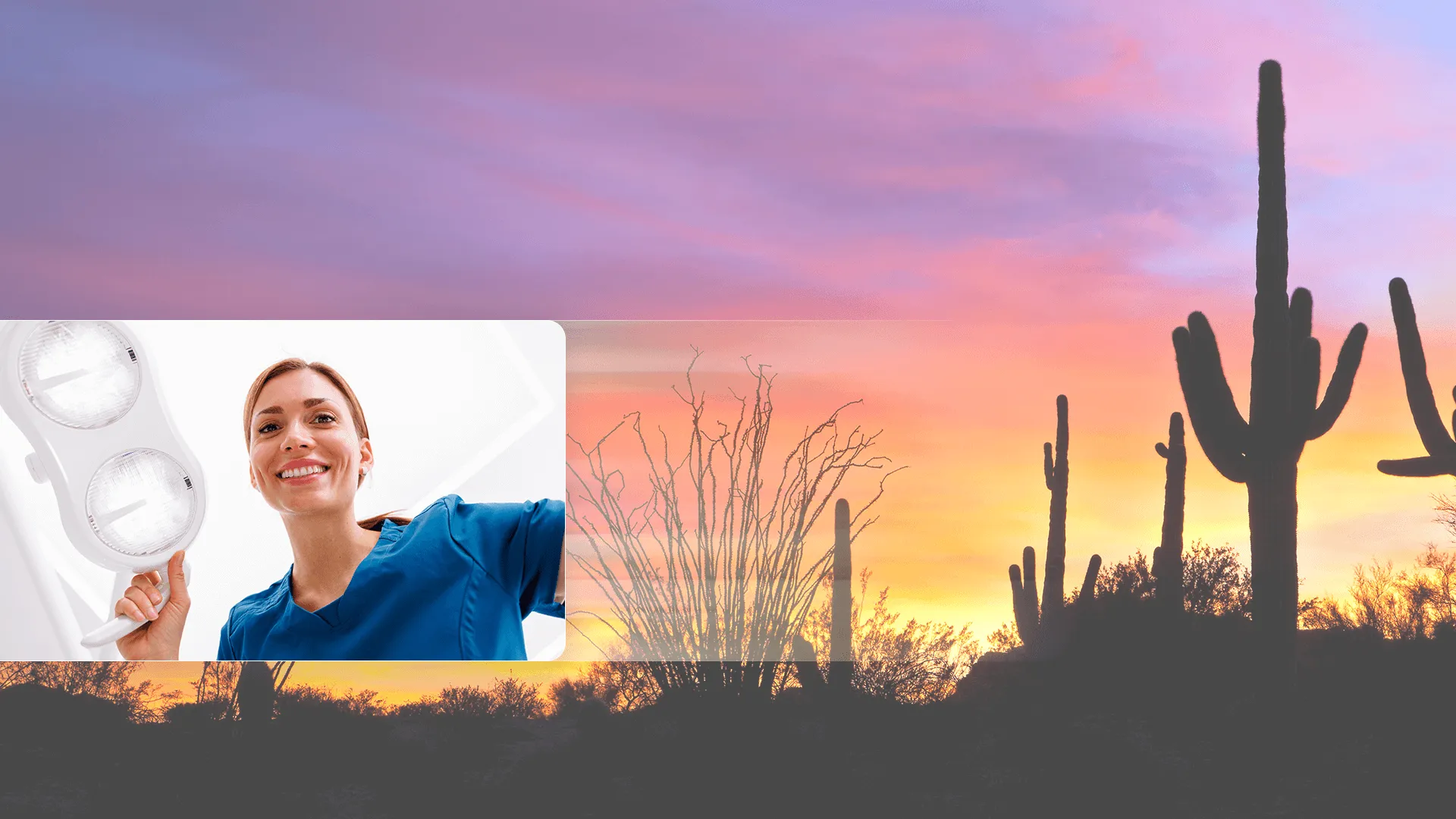 Image of sunset background plus photo of patient at dentist