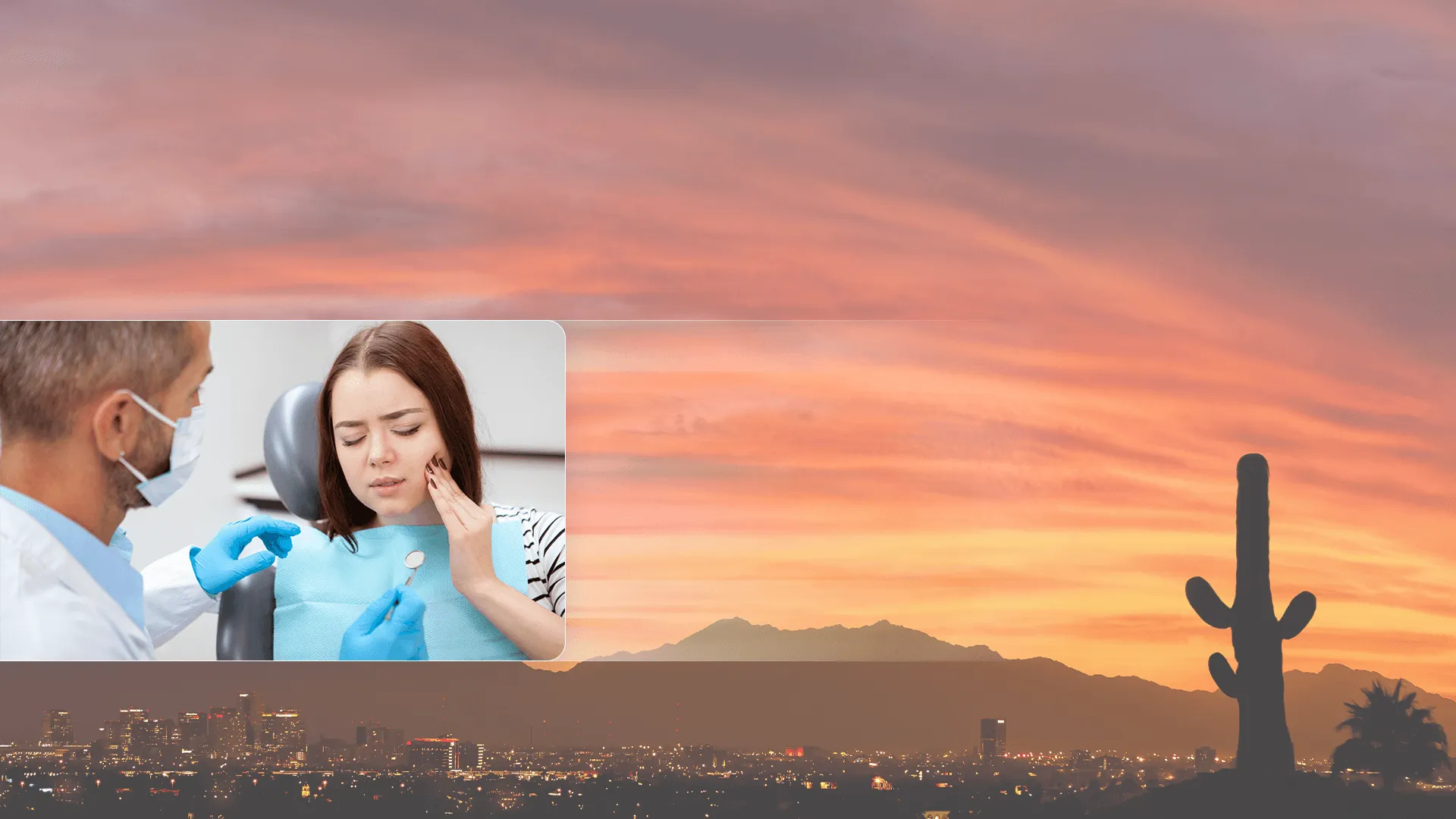 Image of sunset background plus photo of patient at dentist