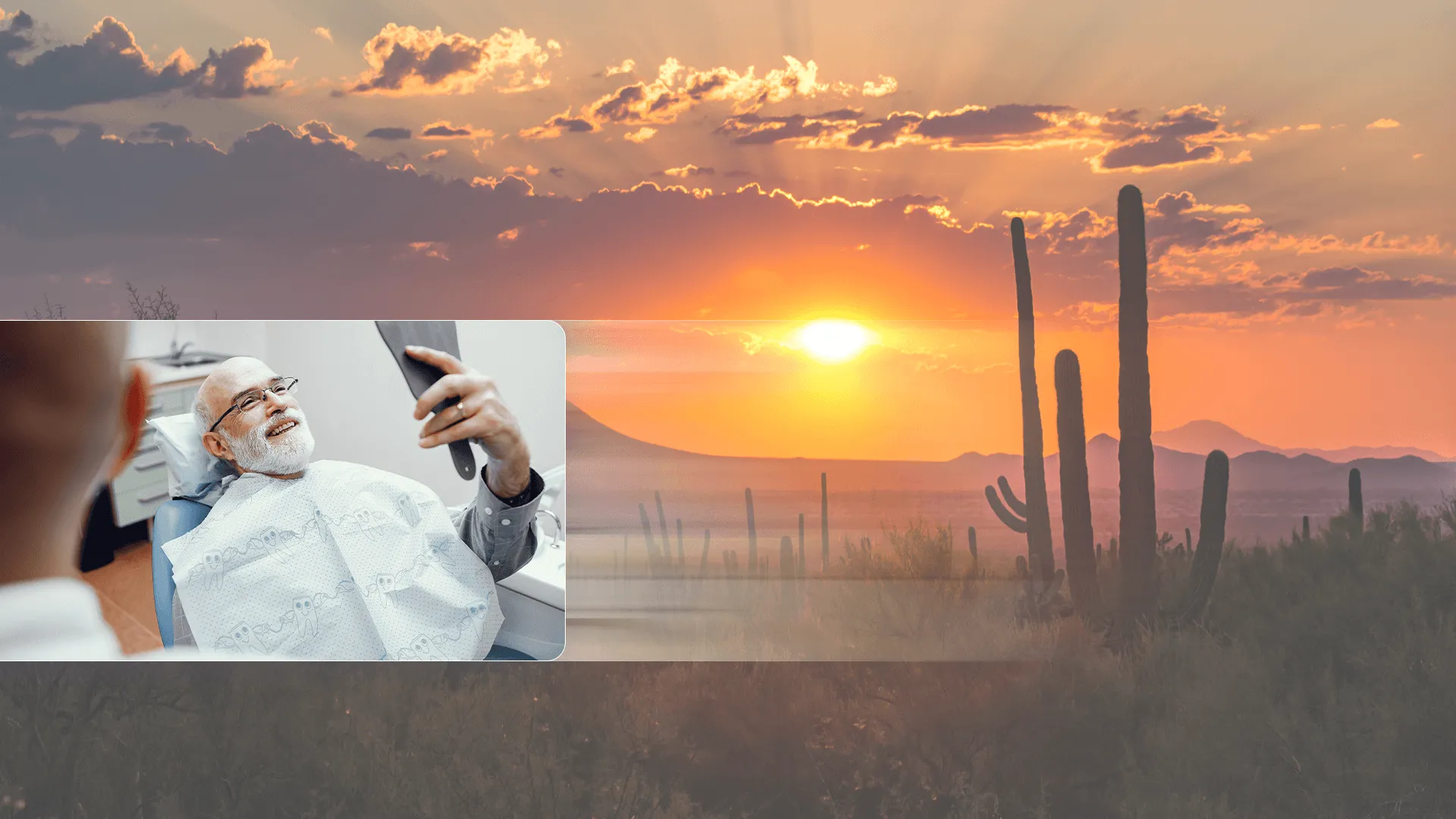 Image of sunset background plus photo of patient at dentist